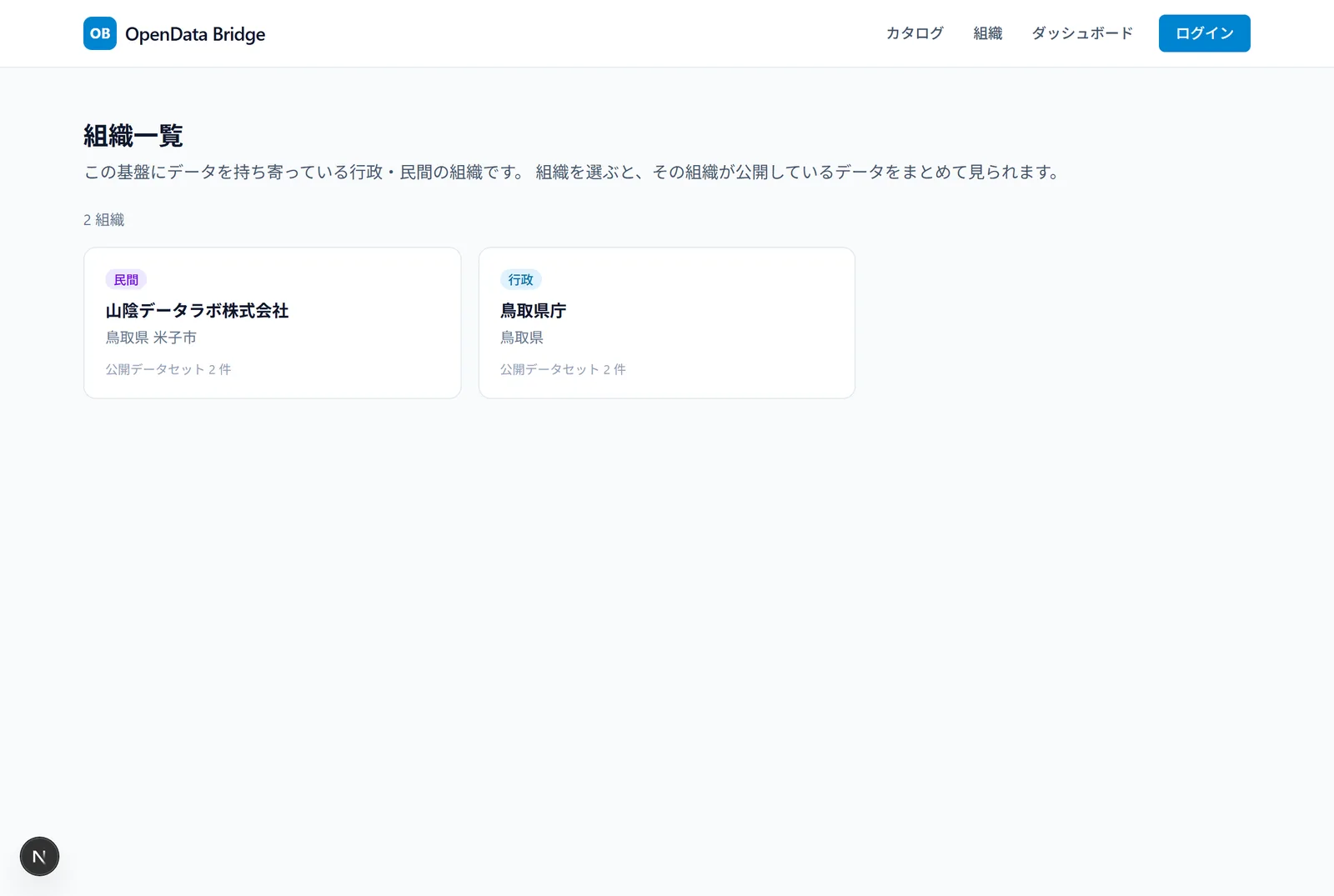 組織一覧の画面。種別バッジ・所在地・公開データセット数が並ぶ。