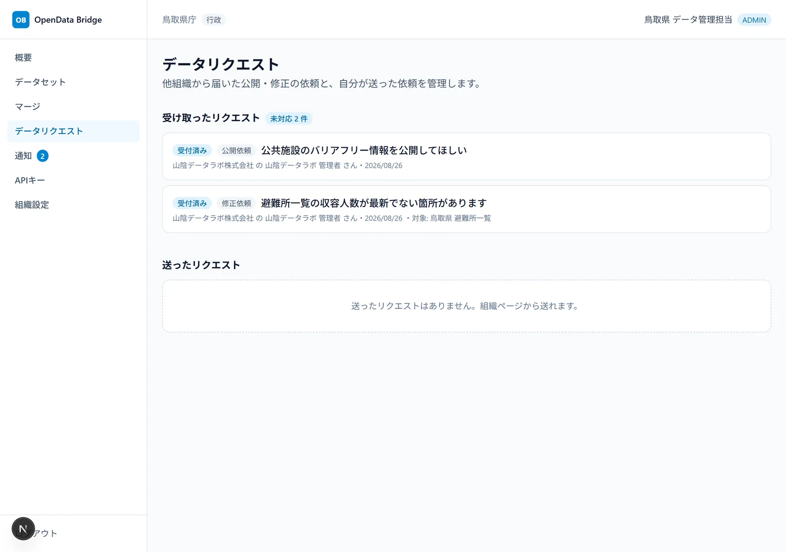 データリクエストの一覧画面。受け取ったリクエストと送ったリクエストが並ぶ。